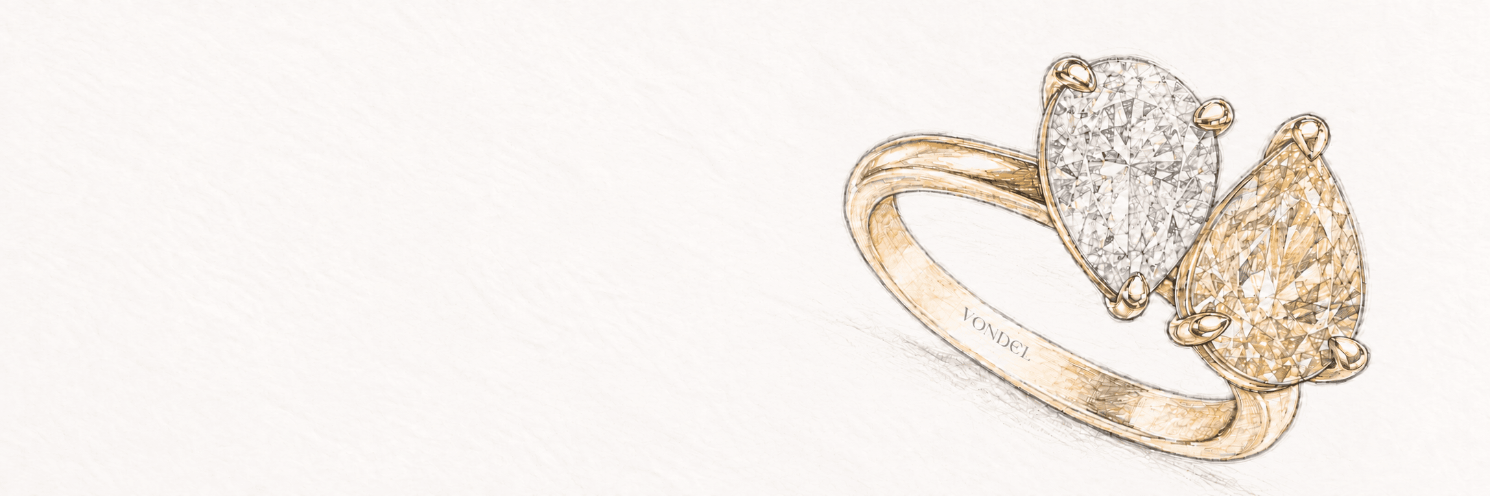 Schets van een custom ring met twee peervormige lab grown diamanten